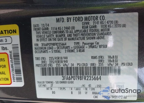2015 Ford Fusion Se z USA, uszkodzony, nr VIN 3FA6P0T98FR235664